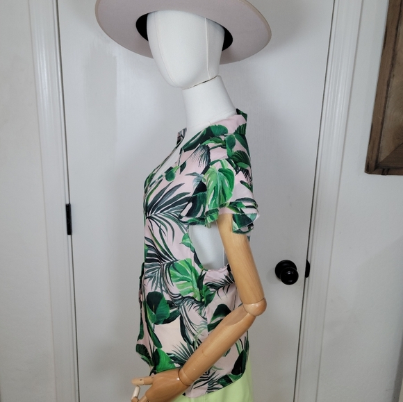 Alice + Olivia Tropical Leaf Print Resortwear Beach Summer Silk Blouse Size XL/L - Picture 6 of 13
